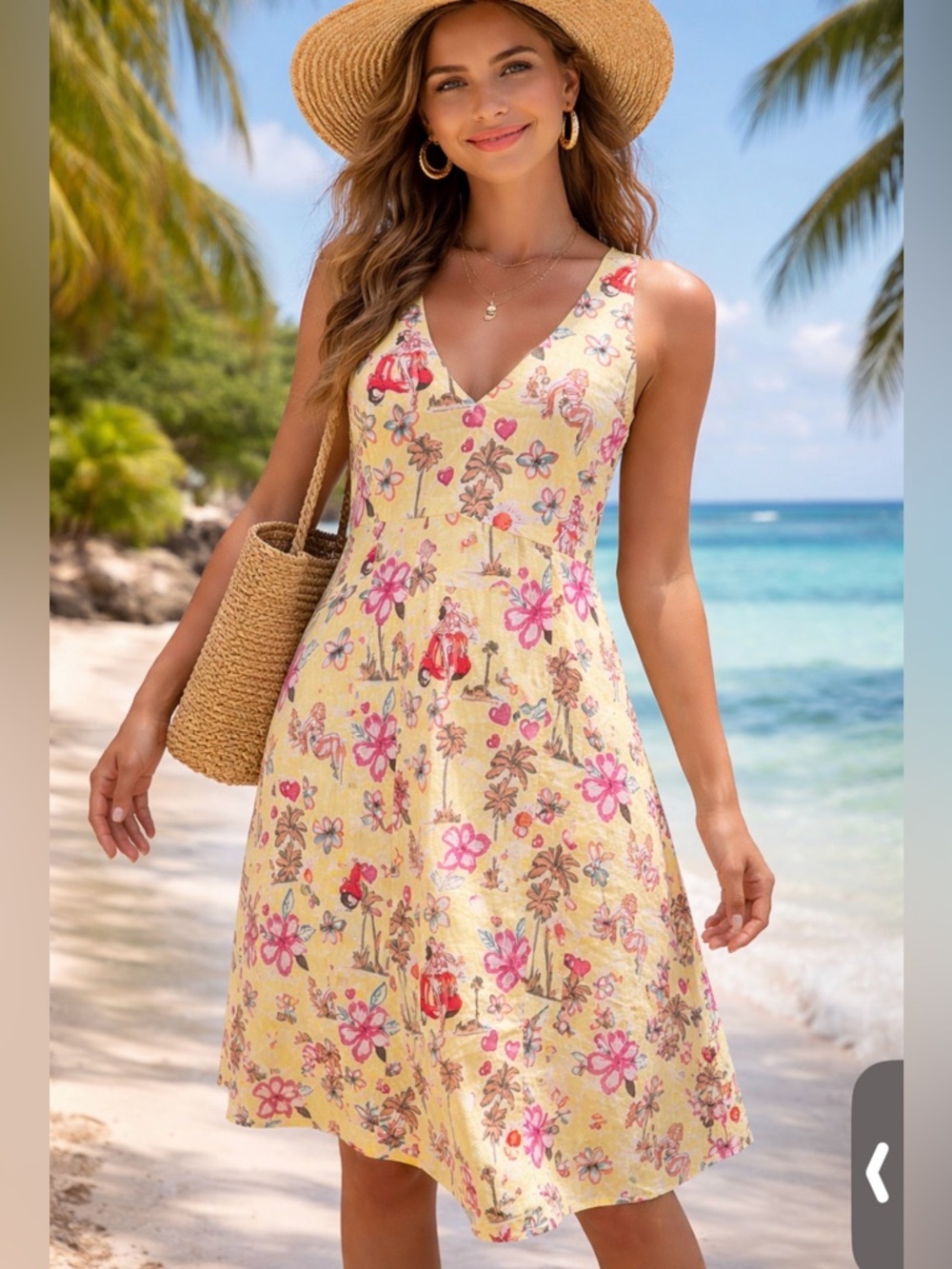 Temptation Yellow Halter Midi Dress Retro Hula Dancer Novelty Print Tropical L